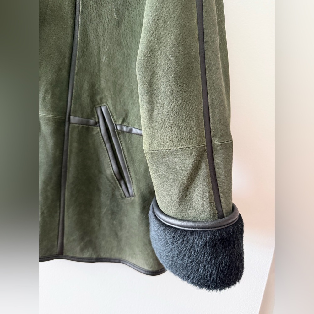 Vintage Claire Neuville green suede leather jacket coat faux fur collar/cuffs - Picture 6 of 10